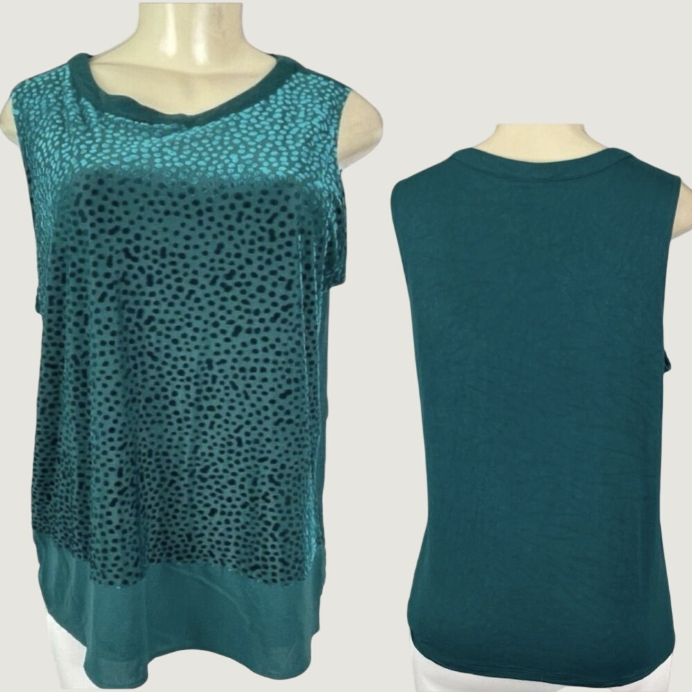 Apt. 9 L Teal Green Velvet Flocked Polka Dot Crew Front Lined Sleeveless Blouse